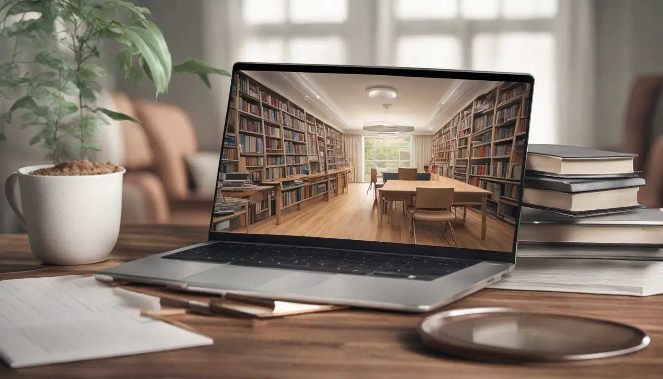 Escritório em casa organizado com laptop mostrando interface de curso online, livros digitais e quadro branco com fluxograma de metodologia de ensino.